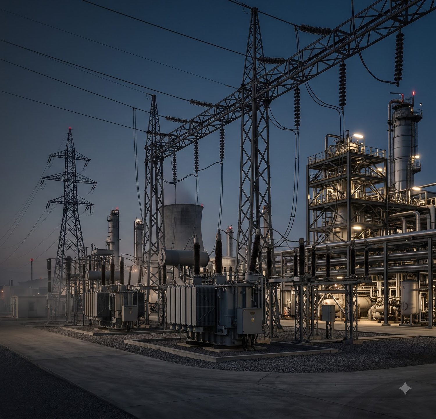Transformers and transmission towers at an industrial power facility